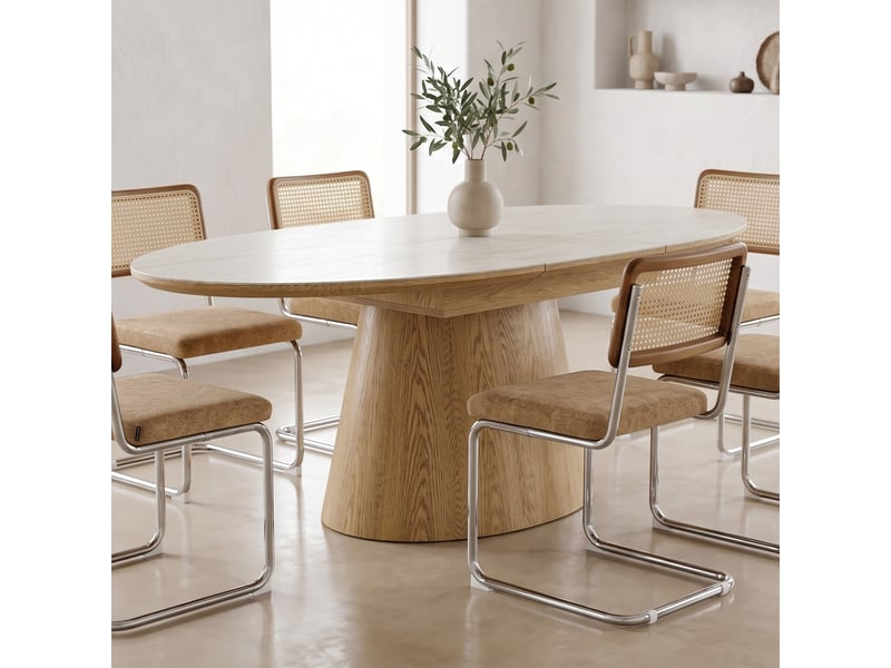  Table à manger extensible ovale en chêne clair et céramique effet travertin 6 à 8 personnes 170-220 cm - ora Ora - Conforama B