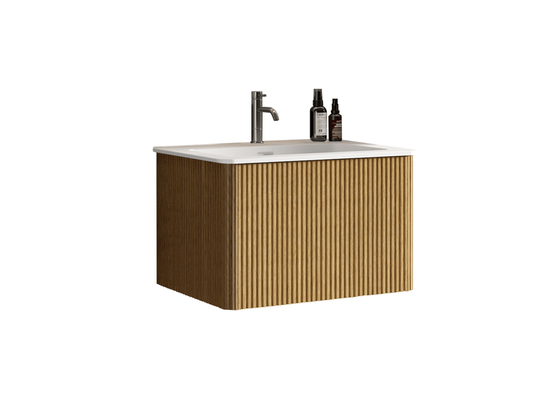  Meuble sous vasque suspendu avec vasque et tiroirs sans poignées, décor chêne pour petite salle de bain, 73,5 × 55 × 47 cm  - Conforama A