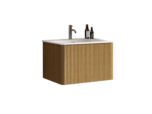 Meuble sous vasque suspendu avec vasque et tiroirs sans poignées, décor chêne pour petite salle de bain, 73,5 × 55 × 47 cm