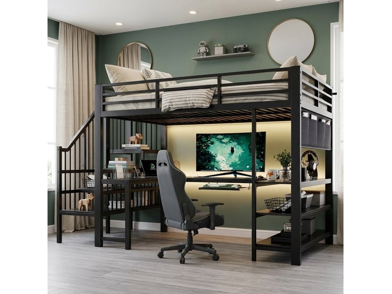  Lit mezzanine 120x200 cm avec bureau, led et escalier,  métal et mdf noir, sans matelas  - Conforama B
