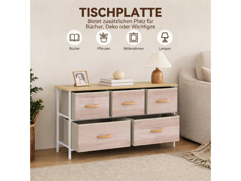  Commode 5 tiroirs en tissu structure métal coloris naturel et blanc 100 x 30 x 51,5 cm  - Conforama E