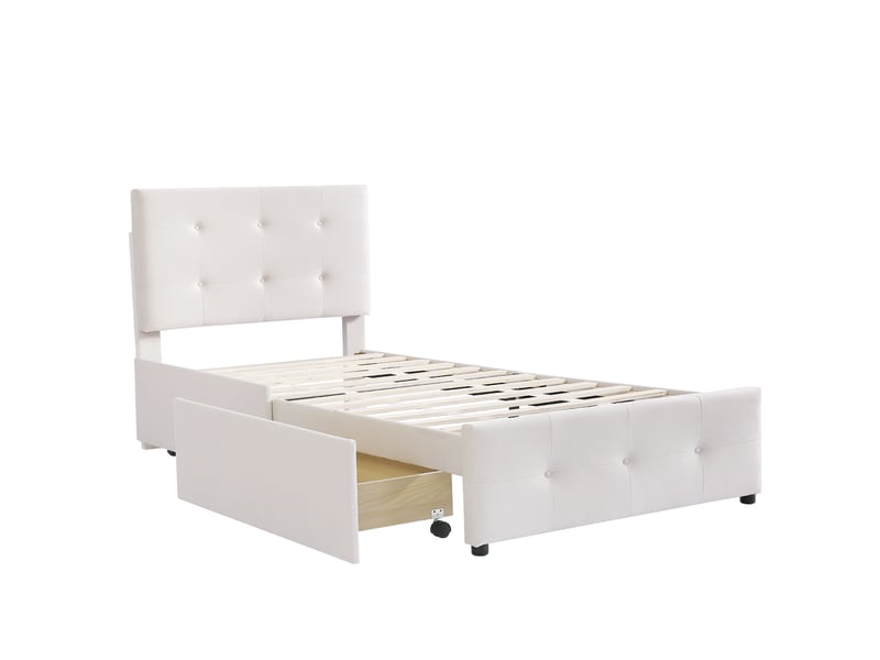  Lit tapissier simple 90x200cm avec 2 tiroirs, dossier rembourré, velours, pour enfant adolescent, sans matelas, beige  - Conforama W
