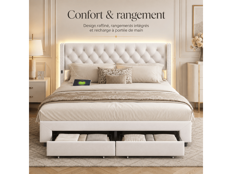 Lit coffre double avec 2 tiroirs - 140x190 cm - lit capitonné complet avec éclairage led et charge usb - sommier à lattes - 2 places2 personnes - tissu en velours - tiroir de lit - chambre adulteadolescentenfant - cadre de lit … - Conforama E