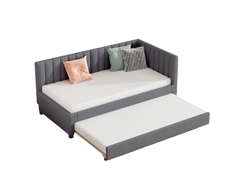  Lit gigogne - lit 90x200 cm pour enfant avec lit d’appoint coulissant, confort optimisé, velours gris  - Conforama A