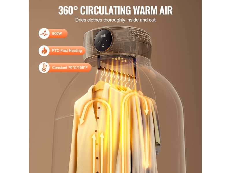  Sèche-linge électrique portable vevor 600 w, pliable avec chauffage ptc, minuterie 5 h et sac de séchage GR889 - Conforama C