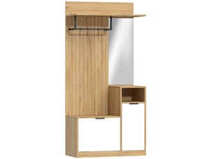 Meuble d'entrée 6 en 1, vestiaire d'entrée avec banc à chaussures rabattable, miroir, 80x36x168cm, chêne