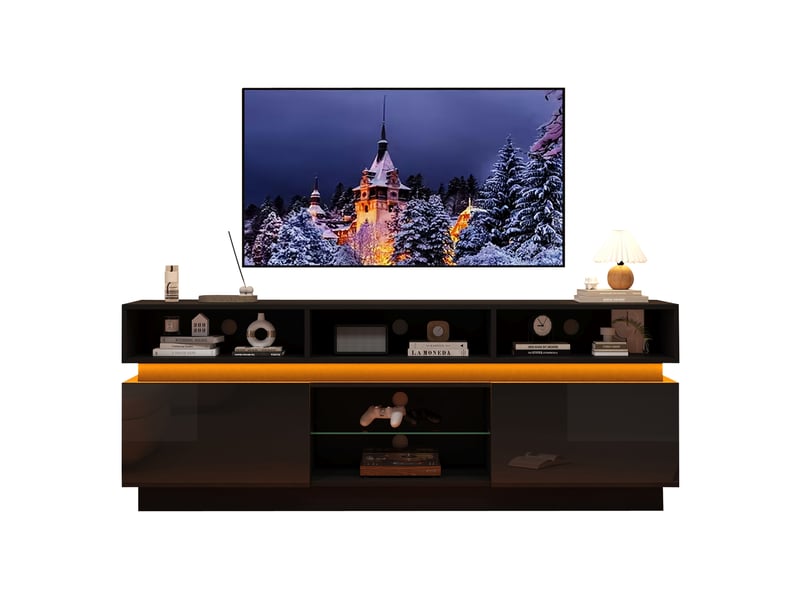  Meuble tv noir avec led, 10 espaces de rangement, mdf et verre, 160 x 35 x 60 cm  - Conforama A