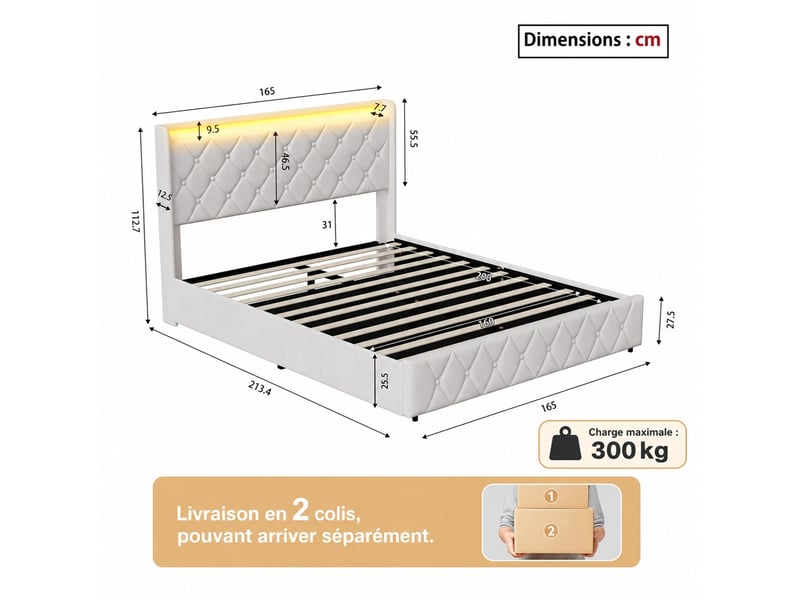  Lit coffre 160x200 cm avec led et usb, lit adulte capitonné avec rangement hydraulique, lit 2 places avec sommier à lattes, lit double avec tête de lit rembourrée, velours blanc  - Conforama C