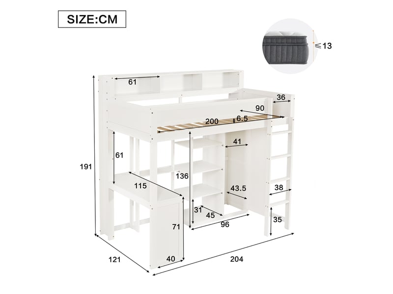  Lit superposé enfant 90×200 cm avec bureau, armoire et barrières  - étagères, sans matelas, bois blanc  - Conforama D