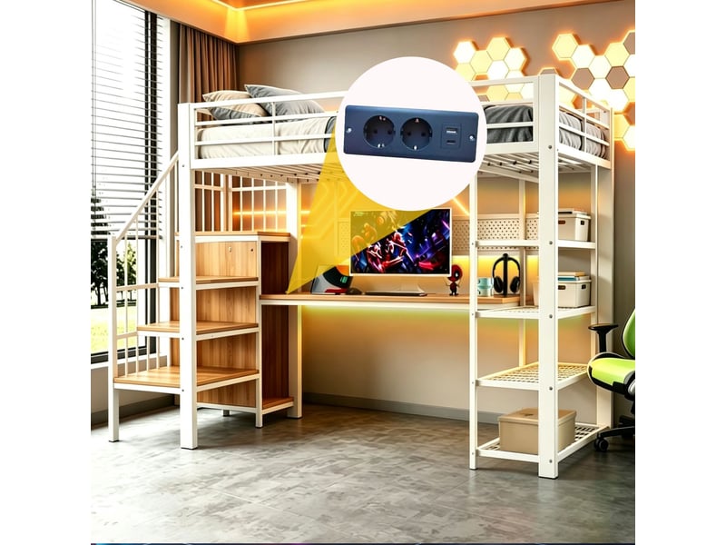  Lit mezzanine avec bureau 90 x 200 cm bureau long intégré panneau perforé long prises européennes éclairage led rangements à plusieurs niveaux garde-corps haut structure en métal blanc  - Conforama D
