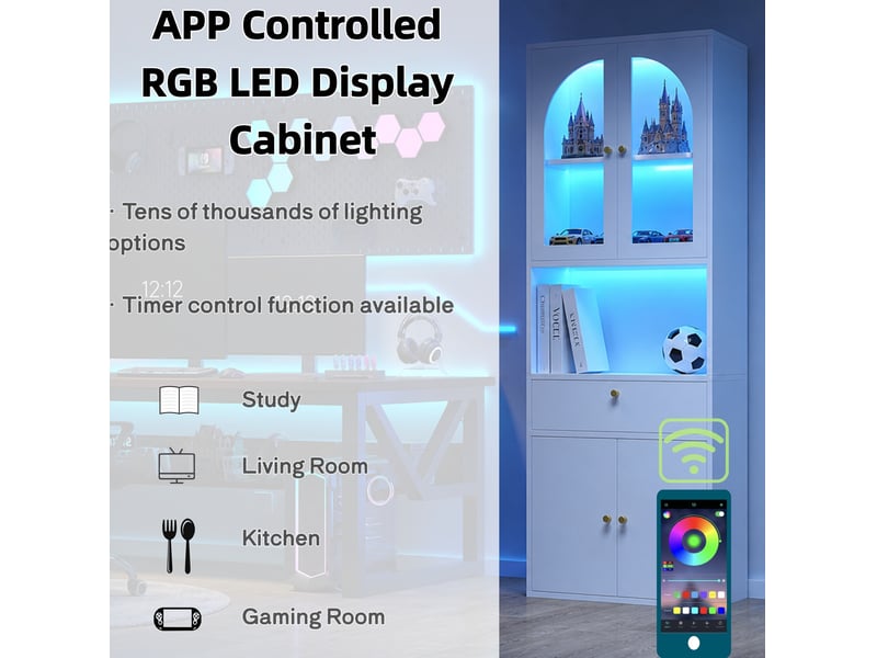  Vitrine bibliothèque armoire rangement 70x35x180 cm, led rgb réglable application smartphone, mdf et verre, blanc  - Conforama E