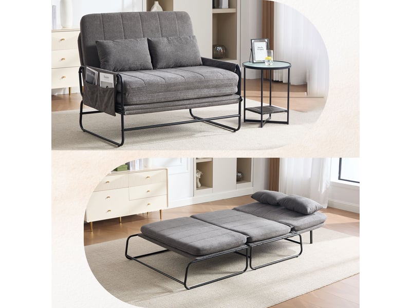 Canapé-lit 2 places 104 cm convertible, cadre en métal, tissu chenille, poches latérales, assise en mousse haute densité, gris  - Conforama D