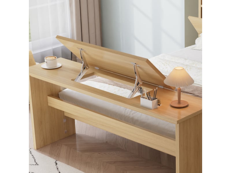  Lit enfant junior 140x200 en bois naturel - cadre de tête de lit avec étagère, tiroir coulissant et table pliante  - Conforama E