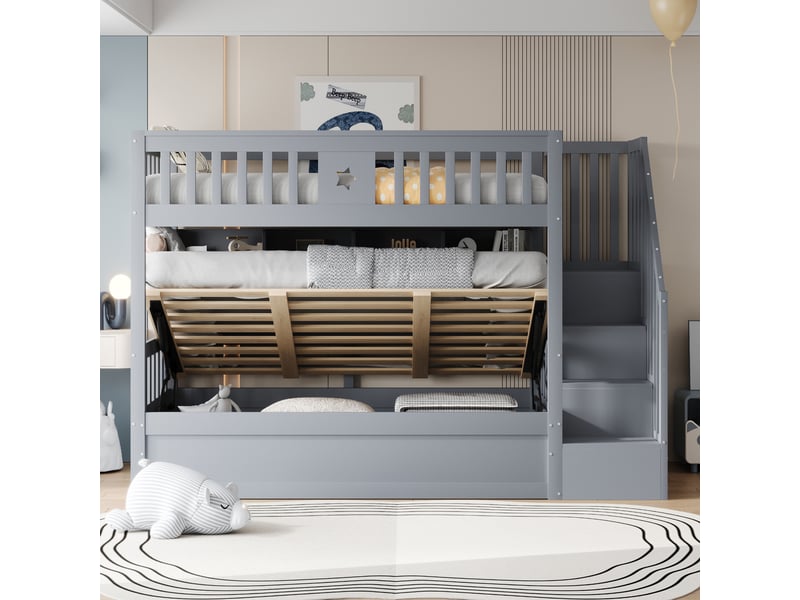  Lit superposé en bois 90*200cm, lit inférieur hydraulique, escalier de rangement, étagères, gris pour ado.  - Conforama C