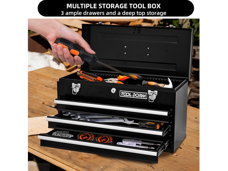  Boîte à outils portable 51,5 x 23,1 x 30 cm noire en acier, 3 tiroirs et rangement supérieur avec serrure  - Conforama E