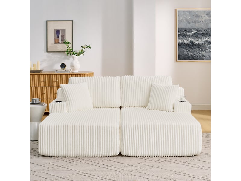  Canapé convertible, canapé-lit – 2 places, beige, porte-gobelets, poches latérales, en velours tricoté  - Conforama W