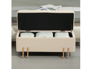 Banc coffre 100x40x42 cm, rangement spacieux, structure bois, pieds métal, polyvalent, meuble entrée, polyester, beige