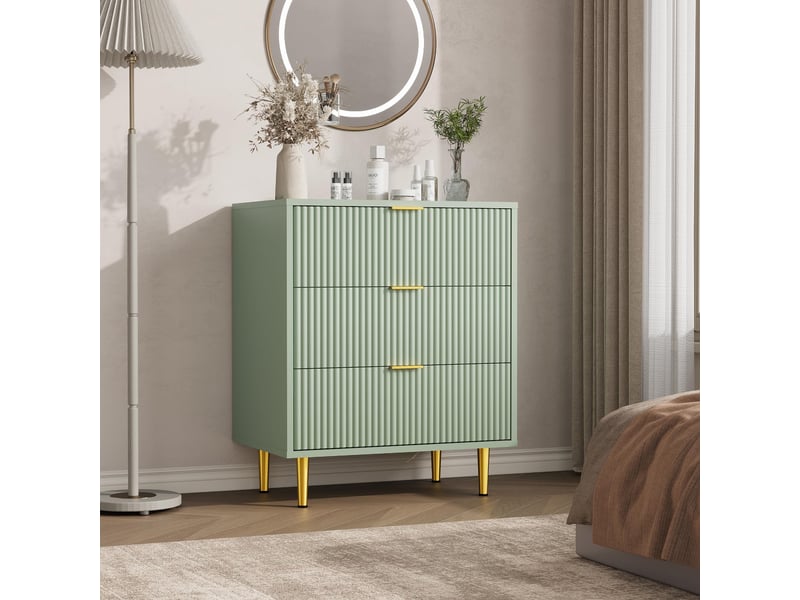  Commode moderne 3 tiroirs façade ondulée – rangement élégant, poignées et pieds dorés – pour chambre, salon ou entrée -vert PHK_35LRJ4BE - Conforama E