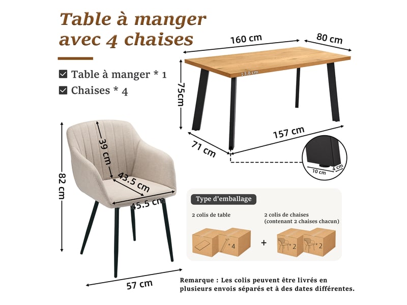 Ensemble table et 4 chaises - table rectangulaire 160x80 cm monobloc en chêne sauvage et pieds métal, 4 chaises en tissu beige et pieds métal - Conforama C