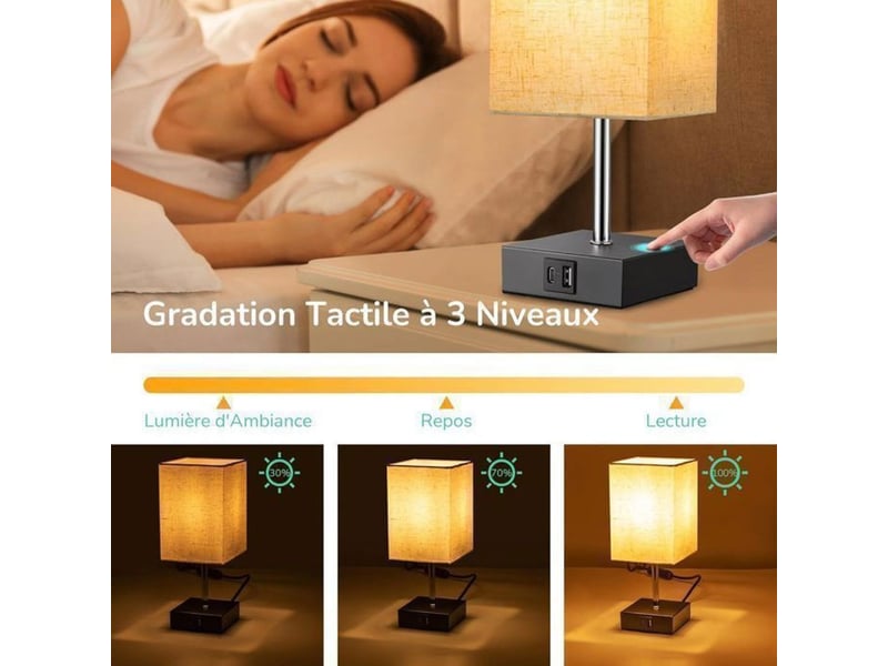  Lampe de table tactile 2x e27 avec usb-a usb-c et variateur 3 niveaux beige lin 370618_AABJN44657_6_DROPFR - Conforama B