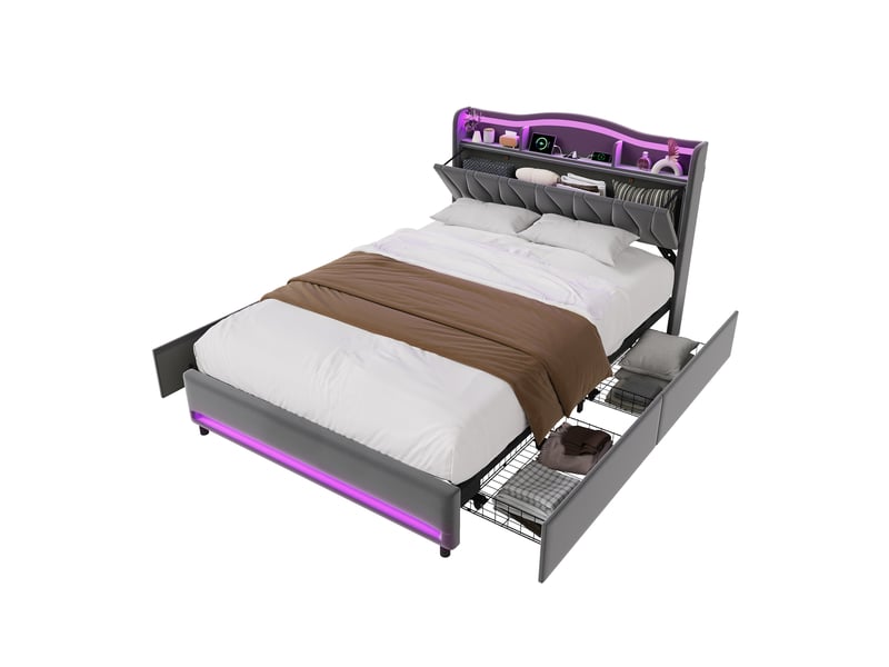 Lit 160x200 cm en tissu polaire gris, tête de lit avec rangement, ports de recharge usb‑c, éclairage led rgb, 4 tiroirs de rangement, sommier à lattes inclus  - Conforama A