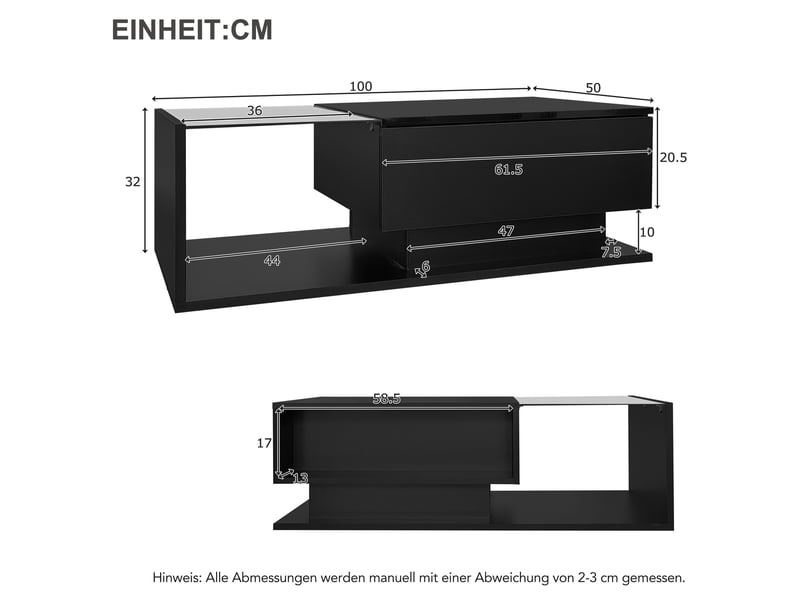  Haute glace noire couchtisch 100x50x32 cm - avec plaques de verre et lames de protection, fête du kratz, avec 1 lame de protection, avec éclairage led, style plus moderne  - Conforama C