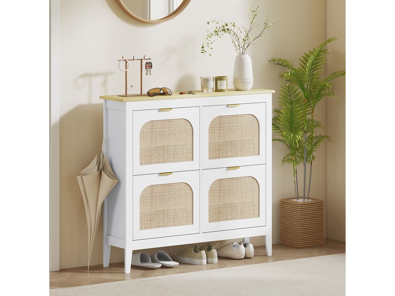  Meuble à chaussures 20 paires bohème avec 4 tiroirs rabattables, portes effet cannage rotin, 105 x 24 x 95,5 cm, blanc  - Conforama C