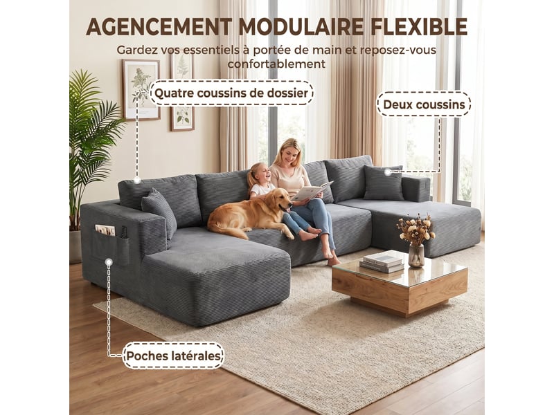 Canapé modulaire en u 4 places, 2 méridiennes, canapé 2 places, 6 coussins, sans montage, gris, 369 x 152 x 78 cm - Conforama R