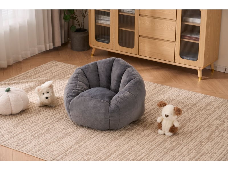  Fauteuil poire enfant en peluche ultra douce gris clair forme ergonomique incurvée soutien du dos et de la taille assise enveloppante confortable facile à nettoyer  - Conforama B