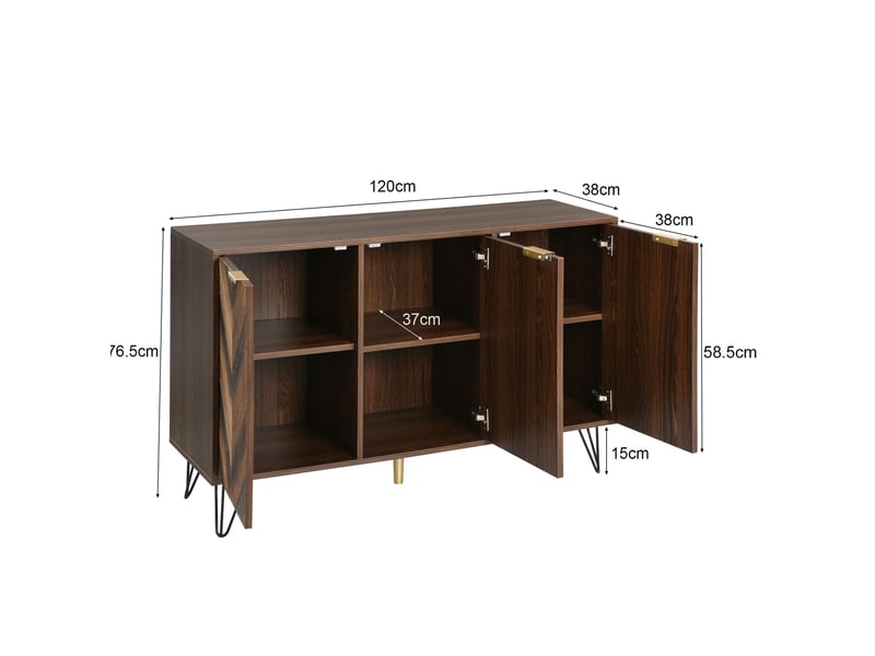  Buffet bas 3 portes en bois naturel et noir, avec rangements et pieds en fer, 120 x 38 x 76,5 cm  - Conforama E