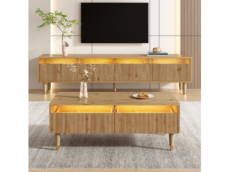  Ensemble meuble tv et table basse 178x35x45 cm et 110x50x40 cm, éclairage à diodes, mdf, bois clair et doré  - Conforama B