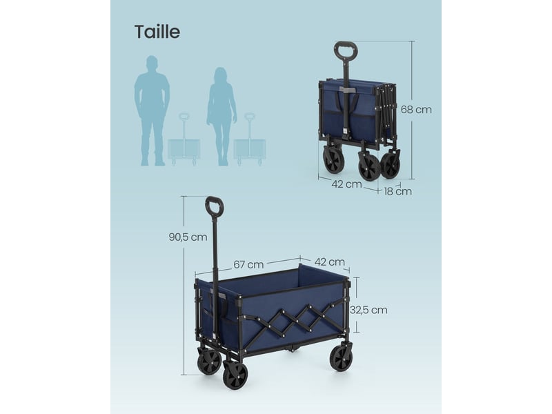  Chariot de transport pliable extérieur 42 x 67 x 90,5 cm charge 180 kg design moderne en acier bleu minuit 12_0012738  - Conforama B