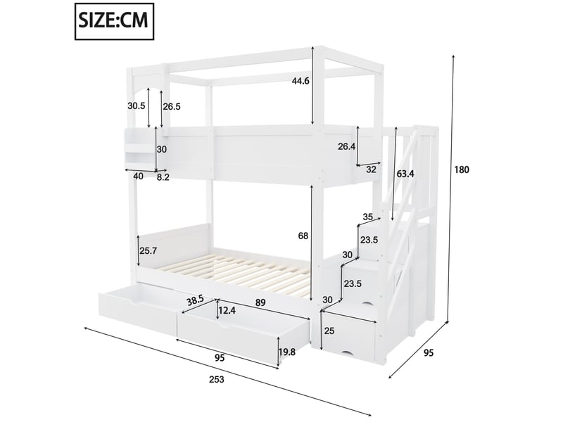  Lit superposé enfant 90x200 cm avec rangements bois et mdf blanc sans matelas  - Conforama C