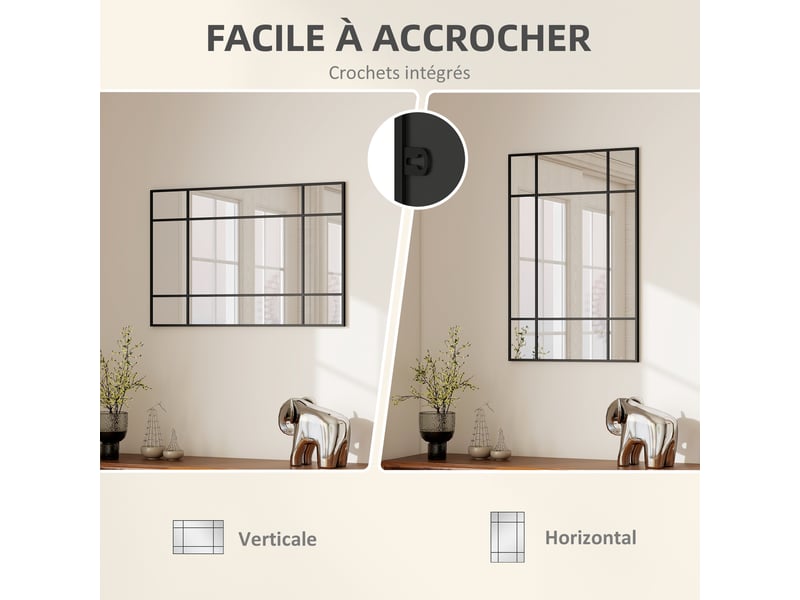  Miroir mural verrière rectangulaire style fenêtre, en métal noir - 90x60 cm, horizontal ou vertical avec 4 crochets  - Conforama E