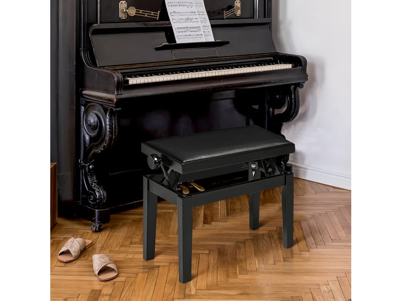 Banquette de piano réglable en hauteur avec coussin en simili cuir et structure en bois, noir, 63 × 33 × 45-56 cm - Conforama B