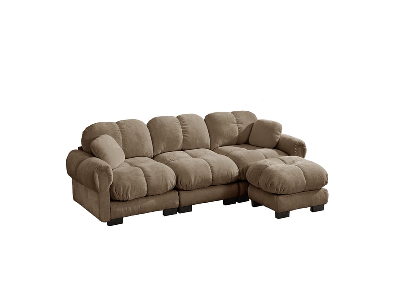 Canapé modulable 3 places 260 cm canapé droit en tissu chenille avec 1 pouf mobile, design matelassé, coussins épais, dossier ergonomique, burn Seren Glow - Conforama A
