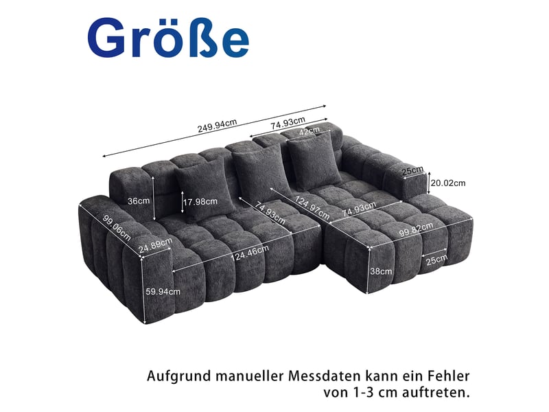  Canapé d'angle 250×150×74 cm 3 places, méridienne gauche en chenille couleur gris  - Conforama C