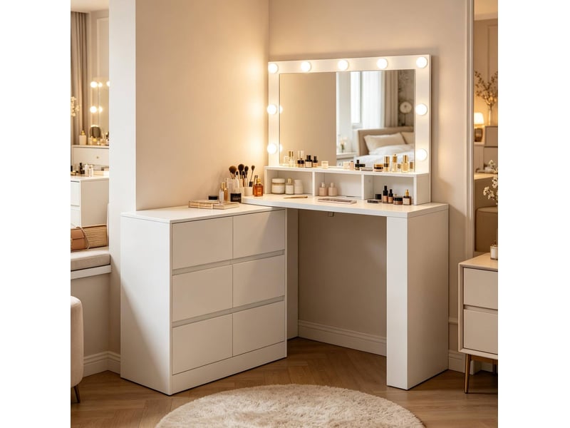  Coiffeuse 90x40x134,5 cm miroir led rectangulaire bois blanc  - Conforama D