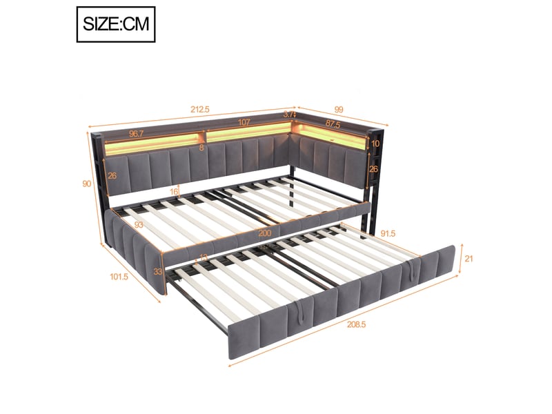  Lit banquette 90x200 cm – gris foncé – lit gigogne led, rangements et ports usbtype-c – sans matelas  - Conforama C