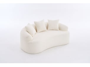 Canapé 2 places modulable incurvé 153x94x63 cm blanc cassé en chenille, 3 coussins décoratifs inclus