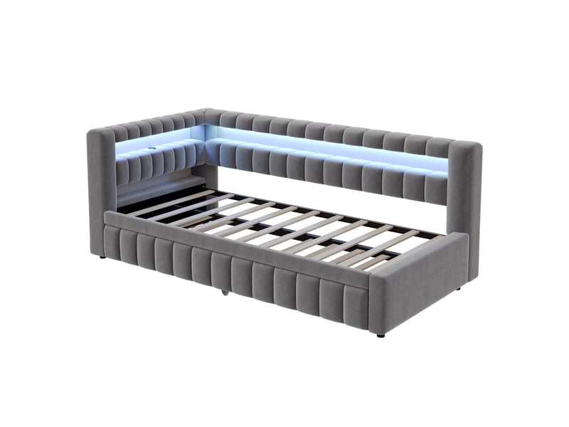  Lit banquette gigogne 90x200 cm en velours gris foncé, led, tête de lit avec rangement et port usb  - Conforama A