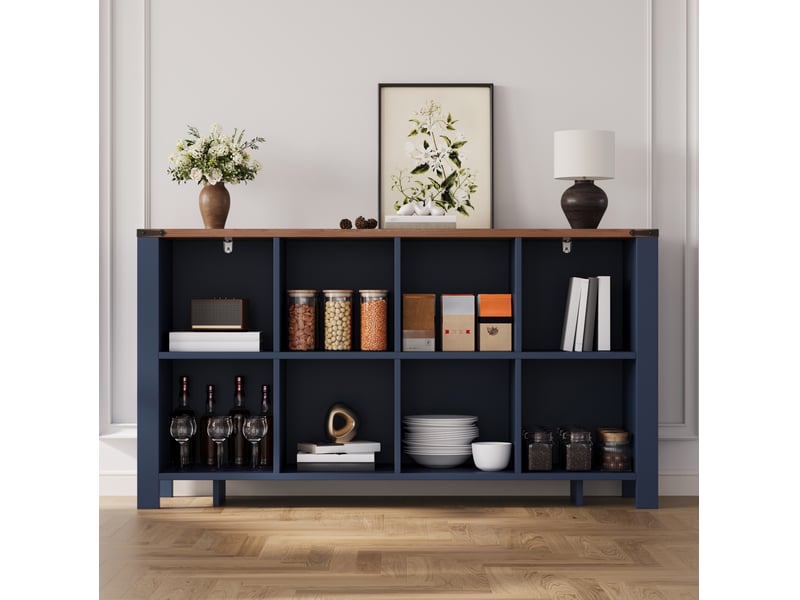  Buffet bas 140x34x75 cm, avec 8 niches ouvertes mdf, style moderne, meuble de rangement, pour la maison, coloris bleu  - Conforama D