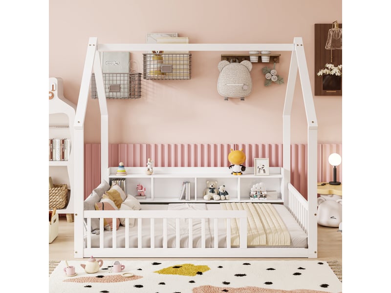 Lit cabane enfant 140x200 cm en bois avec barrières de sécurité et étagères de rangement, pin, blanc OMNIGLINT TRADING LTD - Conforama B