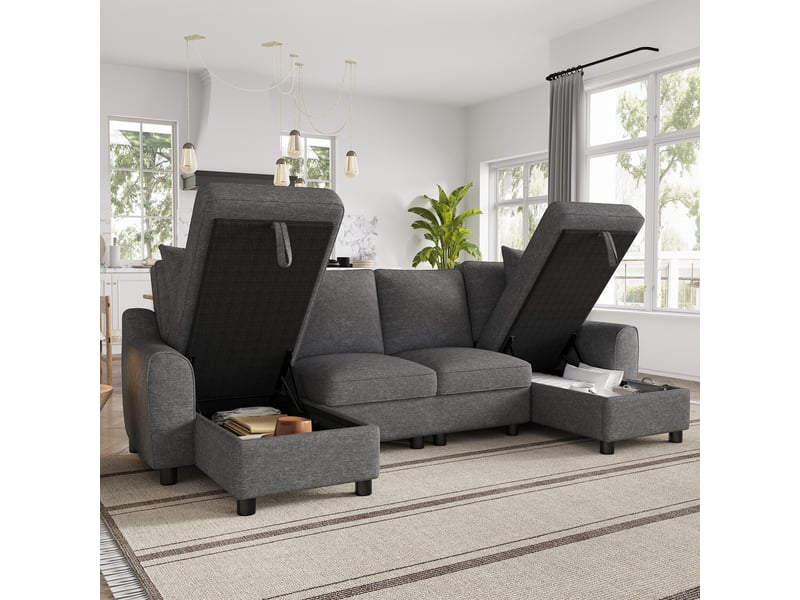 Canapé en u gris, tissu chenille doux - canapé d'angle modulable avec double méridienne, coffre de rangement & coussins pour salon moderne - Conforama E