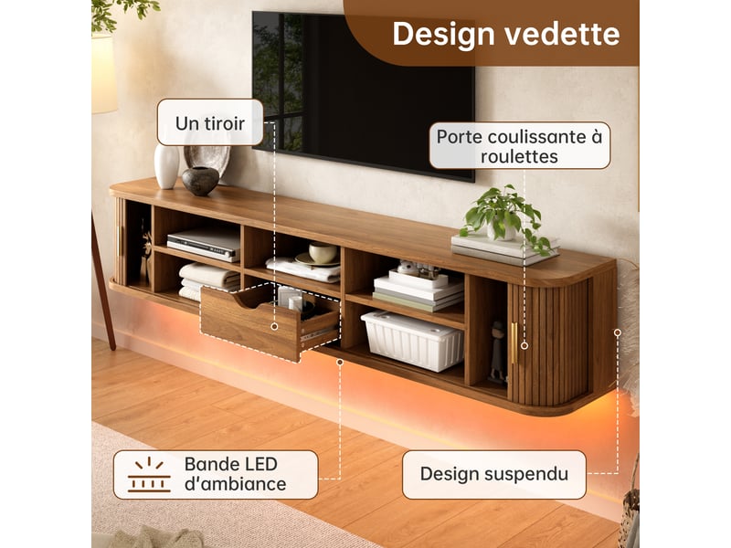  Meuble tv mural suspendu salon led appli portes coulissantes rainurées rangement caché tiroir étagères réglables mdf poignées dorées  - Conforama E