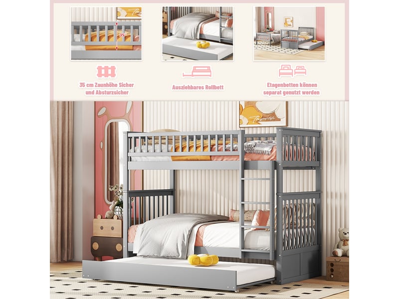  Lits superposés avec lit gigogne 90x200 cm, lit enfant triples avec escaliers, garde-corps haut escalier stable, amovible, gris  - Conforama W