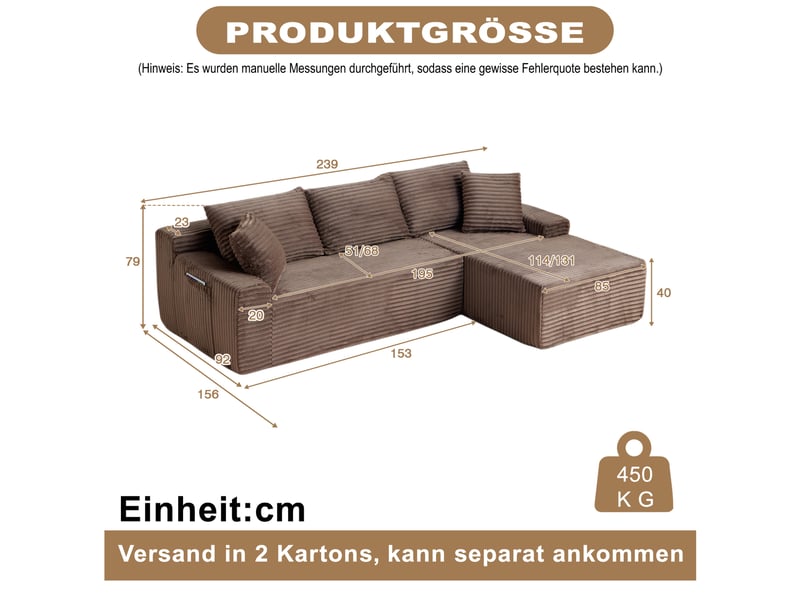 Canapé d’angle modulable droit compressé 4 places en mousse et velours côtelé couleur marron, style moderne - Conforama C