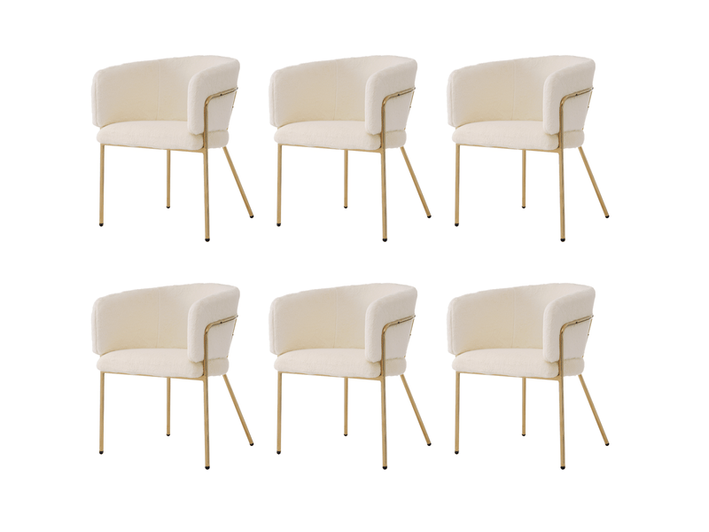 Lot 6 chaises de salle à manger, dossier arrondi, fauteuils d'appoint, revêtement en fausse fourrure, finition blanche, cadre en métal - Conforama A