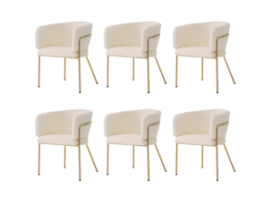 Lot 6 chaises de salle à manger, dossier arrondi, fauteuils d'appoint, revêtement en fausse fourrure, finition blanche, cadre en métal