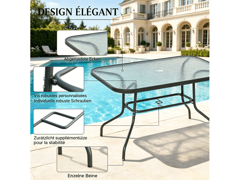 Table de jardin rectangulaire 120x80x70 cm grise en métal et verre trempé, avec trou pour parasol - Conforama E